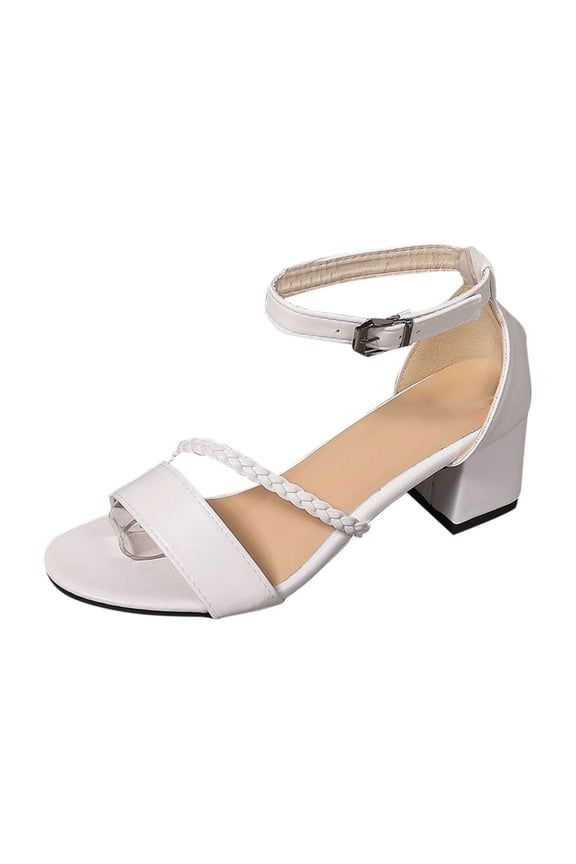 Womens Block Heel Ankle Strap Sandals Open Toe Dual Band Braided Detail Adjustable Buckle Lightweight Flexible Sole