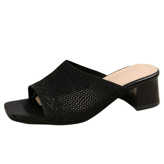 ShiShine Womens Block Heel Mule Sandals Square Toe Knit Mesh Cutout Detail Comfort Slip On Casual Dressy Sandals