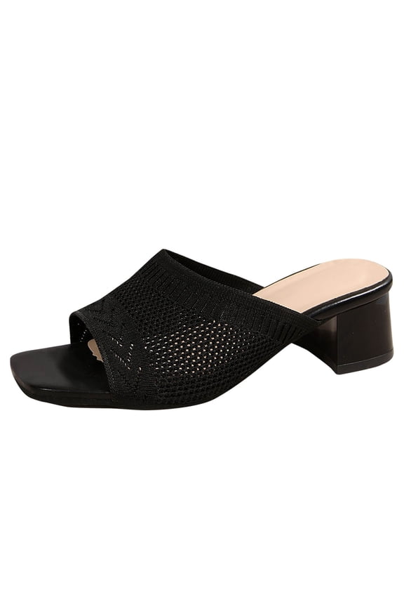 Womens Block Heel Mule Sandals Square Toe Knit Mesh Cutout Detail Comfort Slip On Casual Dressy Sandals