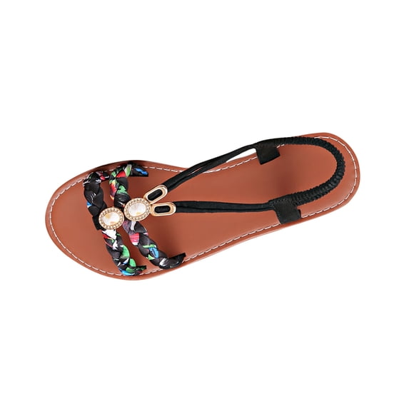 ShiShine Womens Braided Rhinestone T-Strap Flat Sandals Elastic Slingback Summer Lightweight Casual Shoes