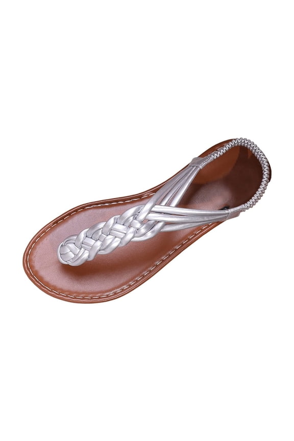 Womens Braided T Strap Flat Sandals Elastic Back Strap Open Toe Beach Vacation Sandals for Women
