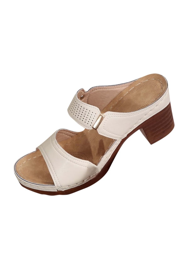 Womens Buckle Strap Chunky Heel Sandals Open Toe Slip On Padded Insole Arch Support Sandals
