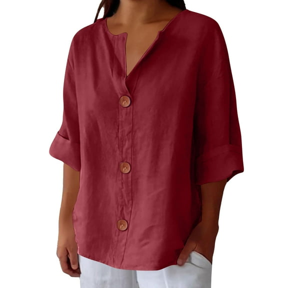 ShiShine Womens Button Down Shirts Half Sleeve Blouses Plus Size Dressy Casual Solid Color V Neck Tops