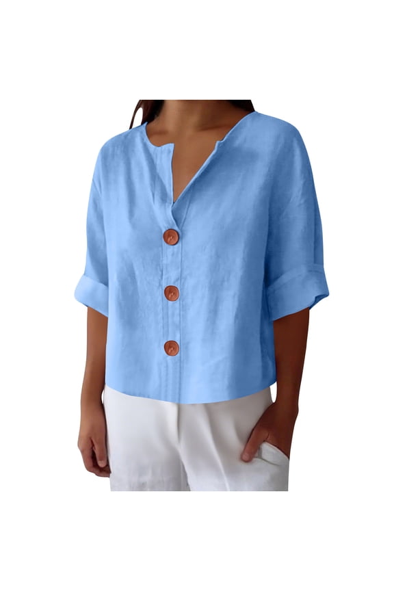 Womens Button Down Shirts Half Sleeve Blouses Plus Size Dressy Casual Solid Color V Neck Tops
