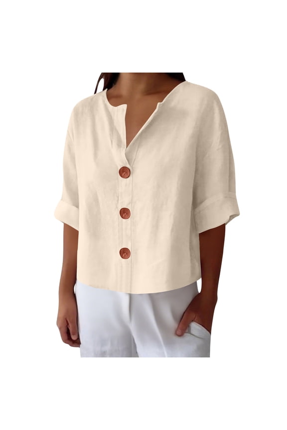 Womens Button Down Shirts Half Sleeve Blouses Plus Size Dressy Casual Solid Color V Neck Tops