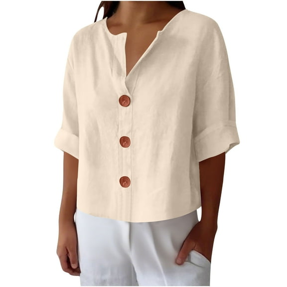 ShiShine Womens Button Down Shirts Half Sleeve Blouses Plus Size Dressy Casual Solid Color V Neck Tops