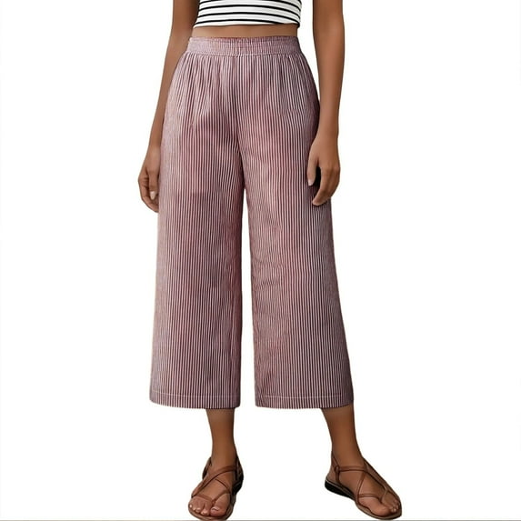 ShiShine Womens Capri Pants Wide Leg Elastic High Waisted Casual Cropped Pants