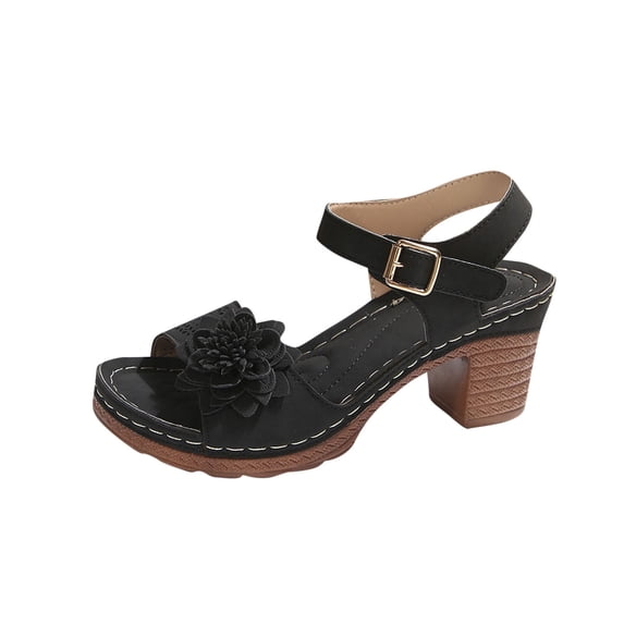 ShiShine Womens Casual Dress Floral Embellished Block Heel Sandals Adjustable Ankle Strap Summer Comfort Shoes