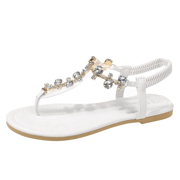 ShiShine Womens Casual Summer Rhinestone Toe Post Flat Sandals Clear T Strap Elastic Back Beach Walking Sandals