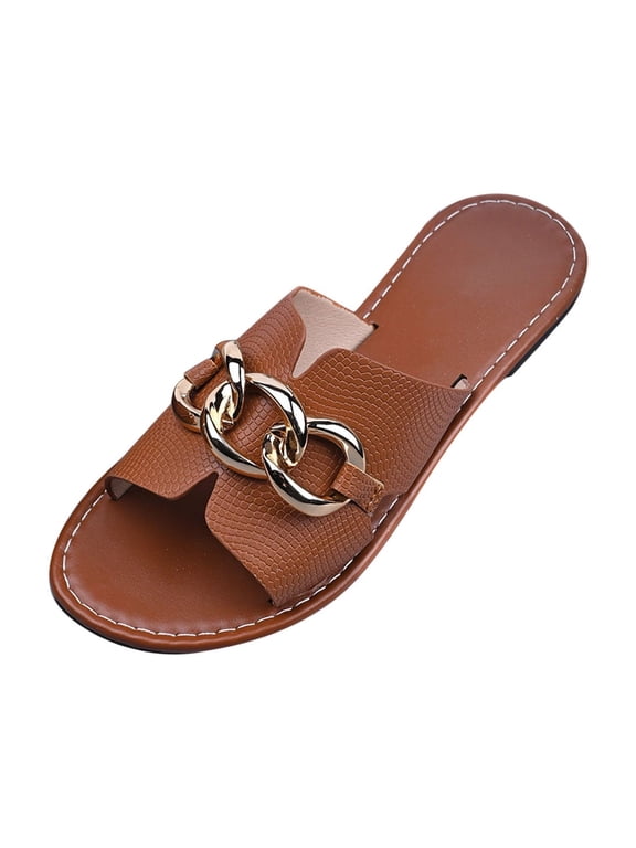 Womens Chain Accent Criss Cross Slide Sandals Breathable Skin-Friendly Casual Summer Sandals