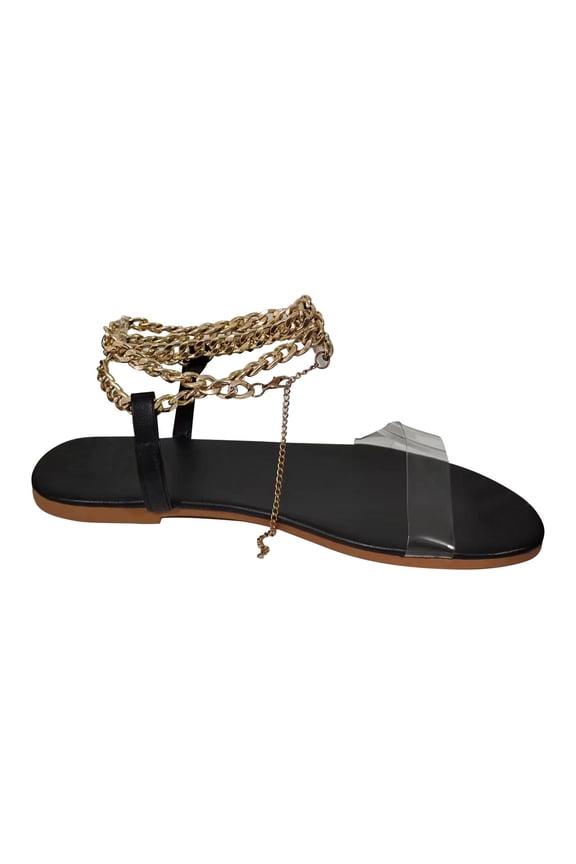 Womens Chain Ankle Wrap Flat Sandals Strappy Open Toe Dress Sandals Transparent Strap Slip On Summer Fashion Sandals
