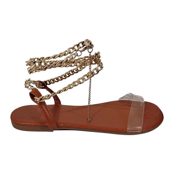 ShiShine Womens Chain Ankle Wrap Flat Sandals Strappy Open Toe Dress Sandals Transparent Strap Slip On Summer Fashion Sandals