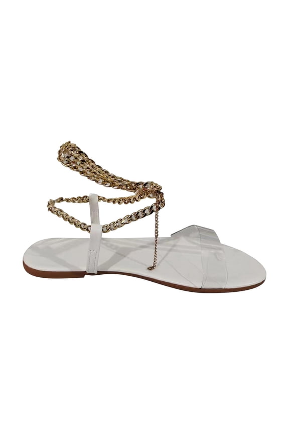 Womens Chain Ankle Wrap Flat Sandals Strappy Open Toe Dress Sandals Transparent Strap Slip On Summer Fashion Sandals