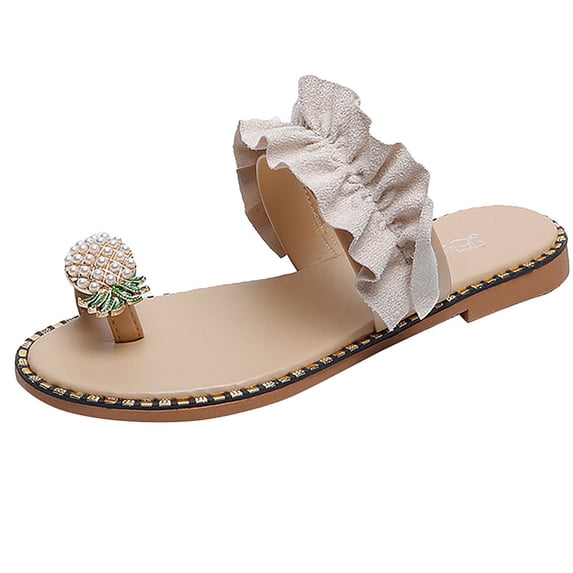 ShiShine Womens Chic Sandals Pineapple Embellished Ruffle Toe Loop Open Toe Flat Sandals