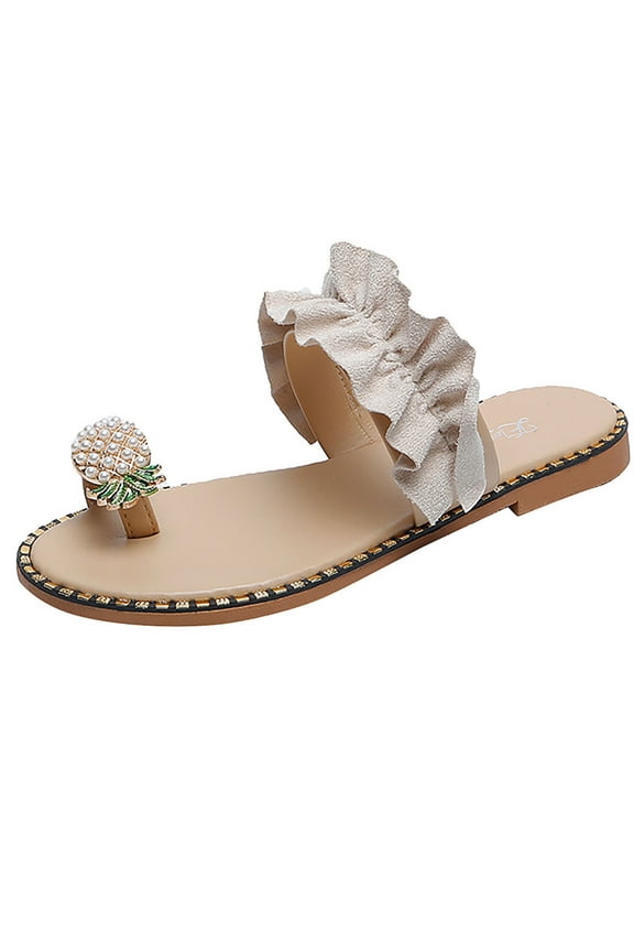 Womens Chic Sandals Pineapple Embellished Ruffle Toe Loop Open Toe Flat Sandals