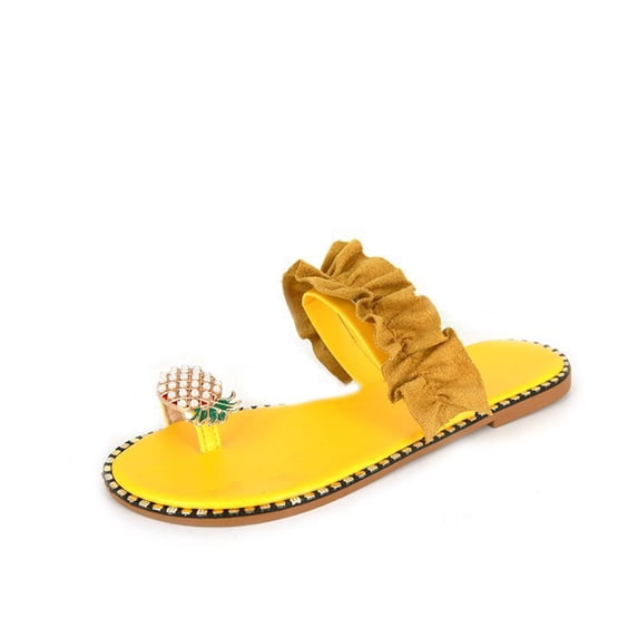 ShiShine Womens Chic Sandals Pineapple Embellished Ruffle Toe Loop Open Toe Flat Sandals