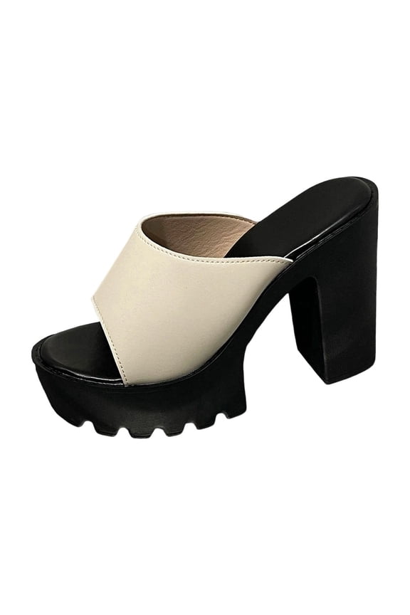 Womens Chunky Platform Slide Sandals Open Toe Slip On Slippers Mule Mid Heels