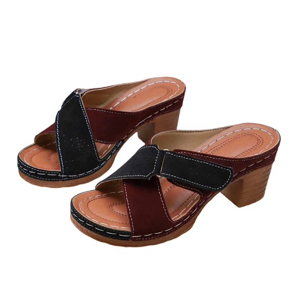 ShiShine Womens Color Block Chunky Heel Mules Open Toe Slip On Sandals Casual Adjustable Strap Summer Anti Slip Walking Sandals