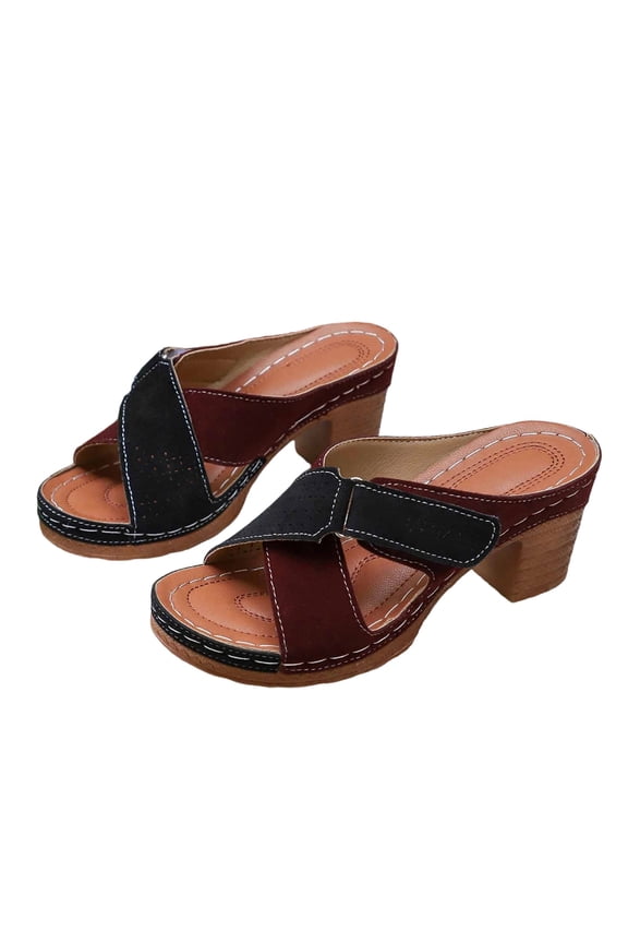 Womens Color Block Chunky Heel Mules Open Toe Slip On Sandals Casual Adjustable Strap Summer Anti Slip Walking Sandals