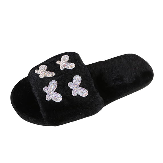 ShiShine Womens Cozy Fuzzy Slide Slippers with Rhinestone Butterfly Non Slip Soft Sole for Home and Indoor Comfort