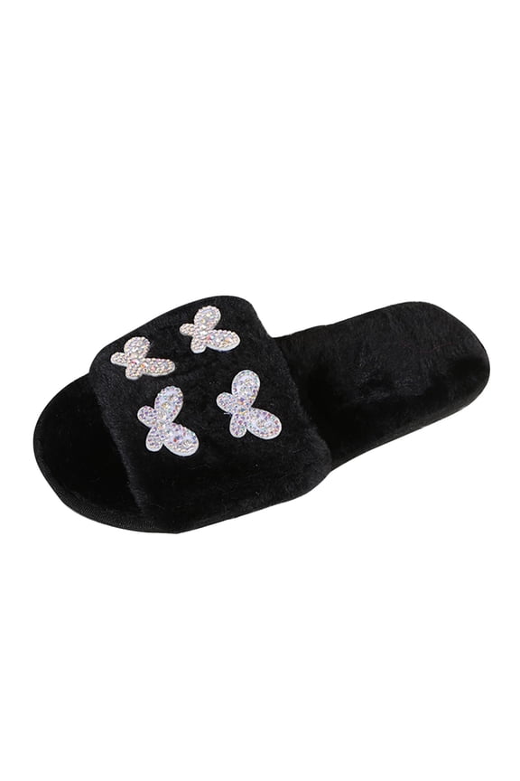 Womens Cozy Fuzzy Slide Slippers with Rhinestone Butterfly Non Slip Soft Sole for Home and Indoor Comfort