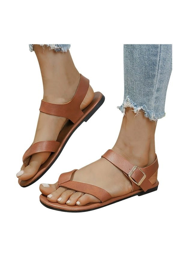 Womens Criss Cross Toe Post Flat Sandals Adjustable Buckle Strap Lightweight Comfort Casual Summer Shoes