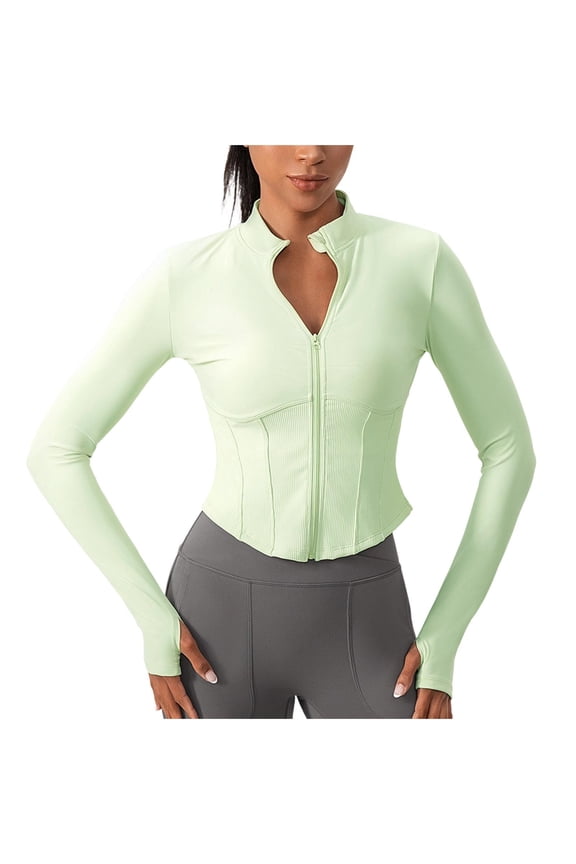 Womens Cropped Slim Fit Workout Jacket Lightweight Athletic Full Zip Up Tops with Thumb Holes