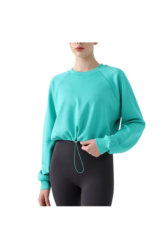 Womens Cropped Sweatshirts Raglan Long Sleeve Workout Shirts Crew Neck Drawstring Hem Solid Color Pullover Tops