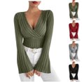 thumbnail image 1 of QINGFSAP Womens Deep V Neck Sexy Wrap Sweater Long Sleeve Slim-Fitted Top, 1 of 6