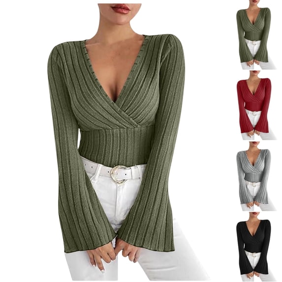 QINGFSAP Womens Deep V Neck Sexy Wrap Sweater Long Sleeve Slim-Fitted Top