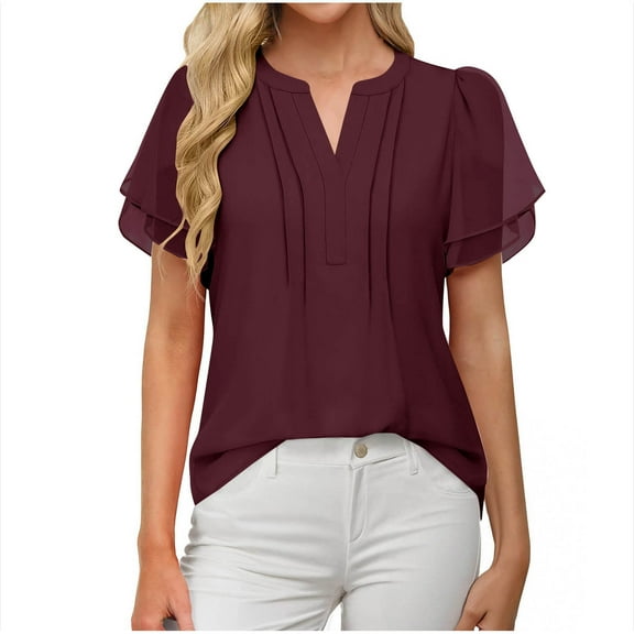 ShiShine Womens Dressy Blouses V Neck Short Sleeve Shirts 2025 Fall Casual Business Office Work Tops