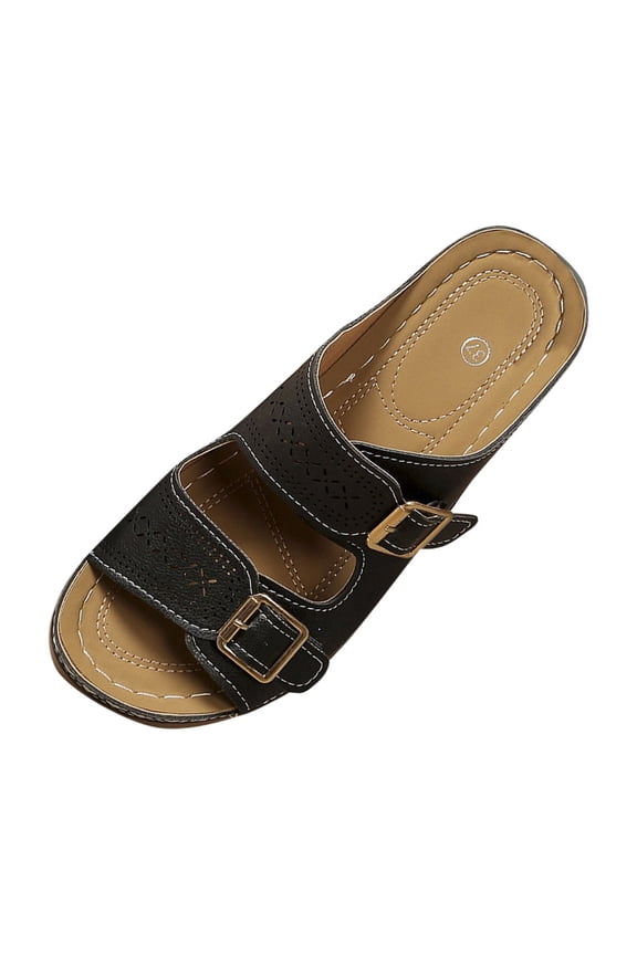 Womens Dual Buckle Perforated Slide Wedge Sandals Open Toe Cushioned Footbed Summer Casual Shoes