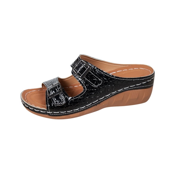 ShiShine Womens Embossed Dual Strap Adjustable Buckle Wedge Slide Sandals Padded Insole Summer Comfort Casual Shoes