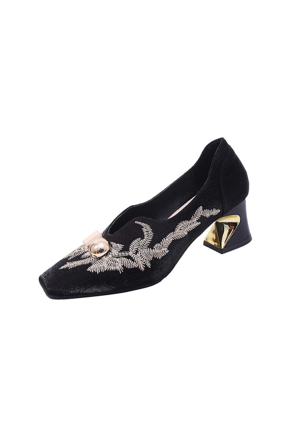 Womens Embroidered Block Heel Pumps Square Toe Metal Decor Comfortable Dress Shoes