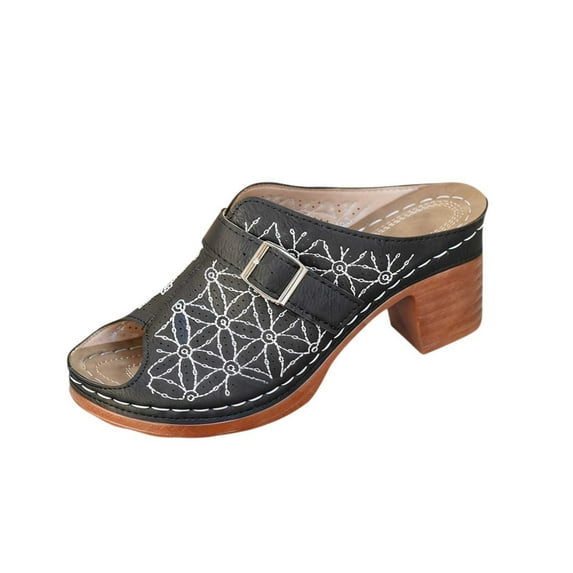 ShiShine Womens Embroidered Cutout Peep Toe Mules Sandals Comfortable Low Heel Summer Casual Shoes
