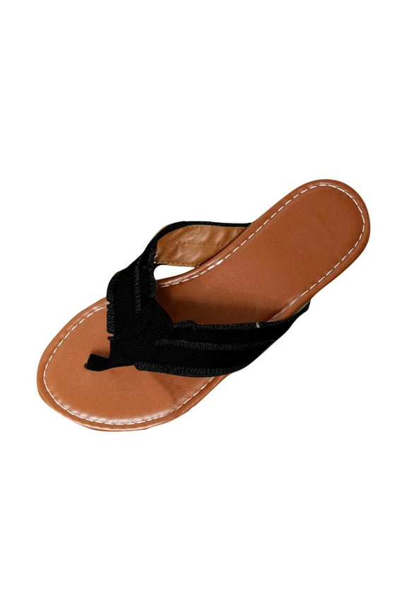 Womens Fabric Strap Flip Flops Open Toe Flat Slip On Padded Insole Stitched Detail Sandals