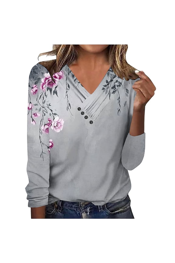 Womens Fall Long Sleeve Tops Flowy Printed V Neck Shirts Loose Casual Blouses with Decor Button