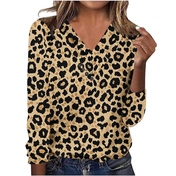 ShiShine Womens Fall Long Sleeve Tops Flowy Printed V Neck Shirts Loose Casual Blouses with Decor Button