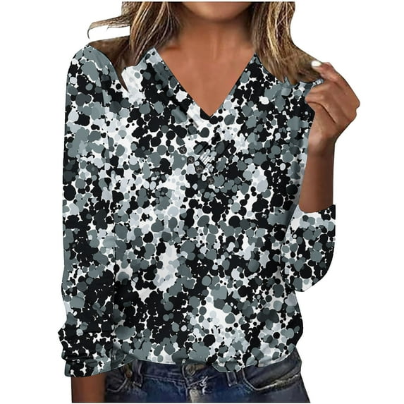 ShiShine Womens Fall Long Sleeve Tops Flowy Printed V Neck Shirts Loose Casual Blouses with Decor Button