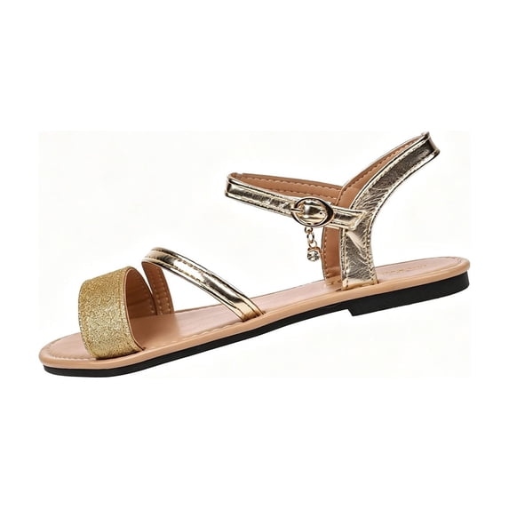 ShiShine Womens Flat Sandals Dressy Cute Summer Metallic Sparkly Open Toe Slides Vacation Beach Ankle Strap Sandals