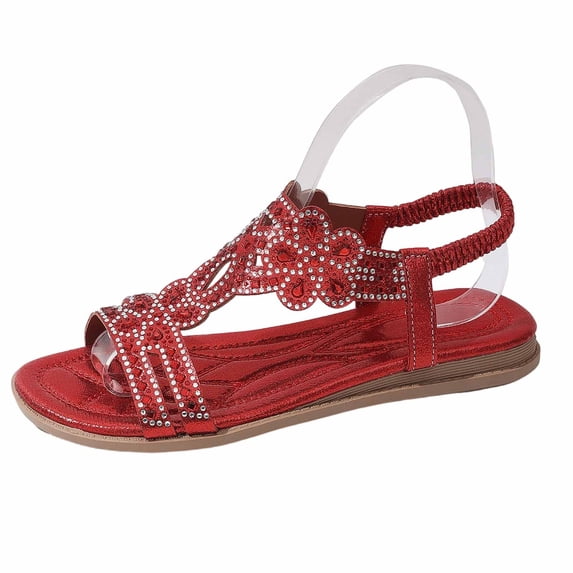 ShiShine Womens Flat Sandals Rhinestone Detail T Strap Ankle Strap Comfort Dressy Casual Summer Sandals