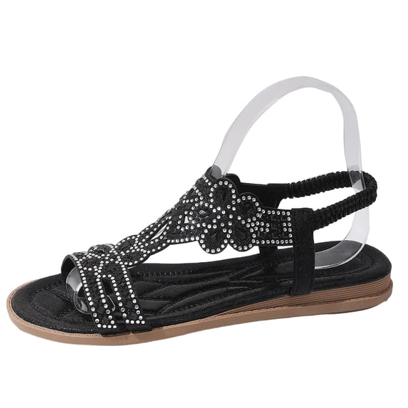 ShiShine Womens Flat Sandals Rhinestone Detail T Strap Ankle Strap Comfort Dressy Casual Summer Sandals