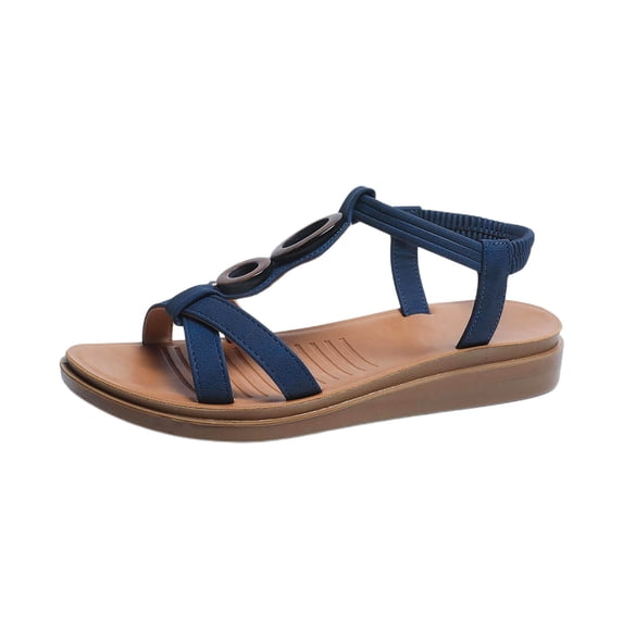 ShiShine Womens Flat Sandals Strappy Ring Detail Elastic Back Strap Cushioned Comfort Casual Travel Summer Sandals