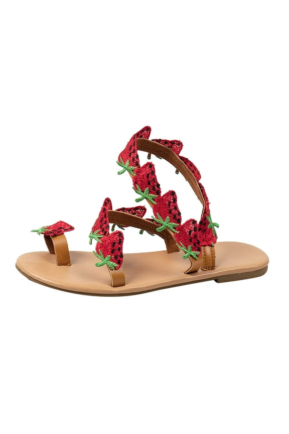 Womens Flat Sandals Summer Dressy Strawberry Strap Sandals Casual Ring Toe Flats Bohemian Ankle Strap Slip On Slippers