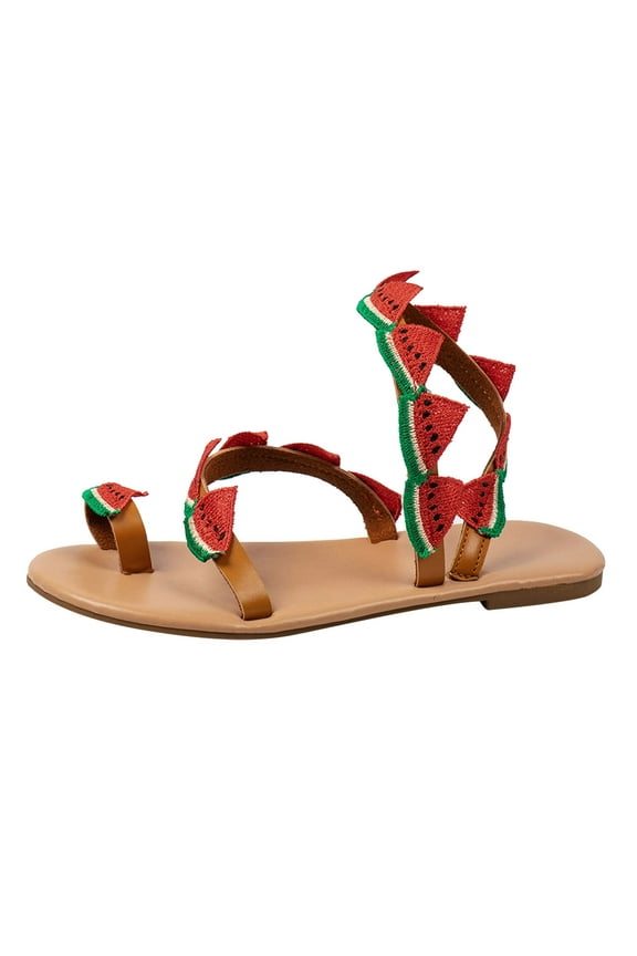 Womens Flat Sandals Summer Dressy Strawberry Strap Sandals Casual Ring Toe Flats Bohemian Ankle Strap Slip On Slippers