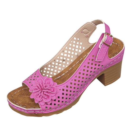 ShiShine Womens Floral Hollow Out Chunky Heel Sandals Open Toe Adjustable Slingback Breathable Sandals