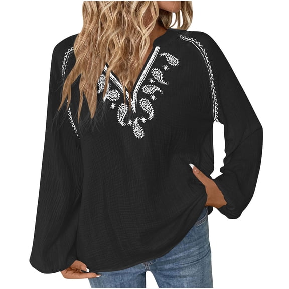 ShiShine Womens Floral Printed Shirt Long Sleeve Blouses V Neck Tops Fall Casual Loose Fit Blouses 2025 Fashion