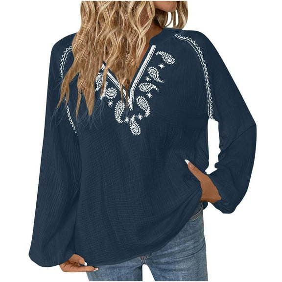 ShiShine Womens Floral Printed Shirt Long Sleeve Blouses V Neck Tops Fall Casual Loose Fit Blouses 2025 Fashion