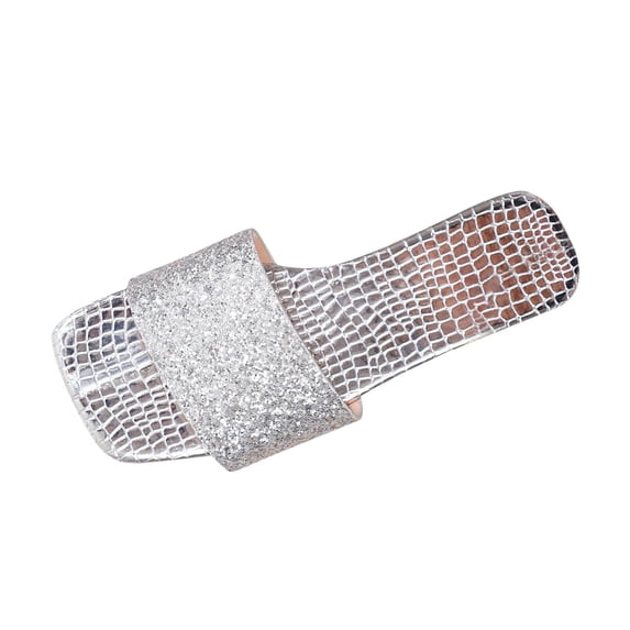 ShiShine Womens Glitter Accent Texture Square Toe Flat Slide Sandals Summer Comfort Casual Daily Glam Shoes