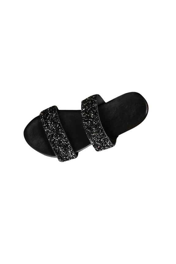 Womens Glitter Embellished Dual Strap Flat Slide Sandals Summer Comfort Casual Getaway Sandals